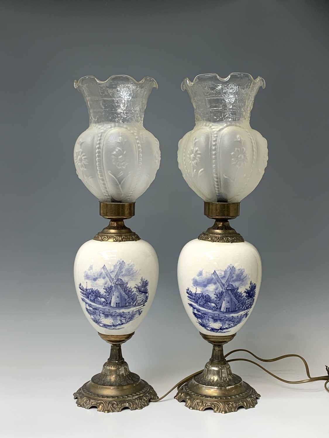 A pair of 20th century gilt metal mounted Delft table lamps with glass shades. Height 60.5cm. - Image 11 of 11