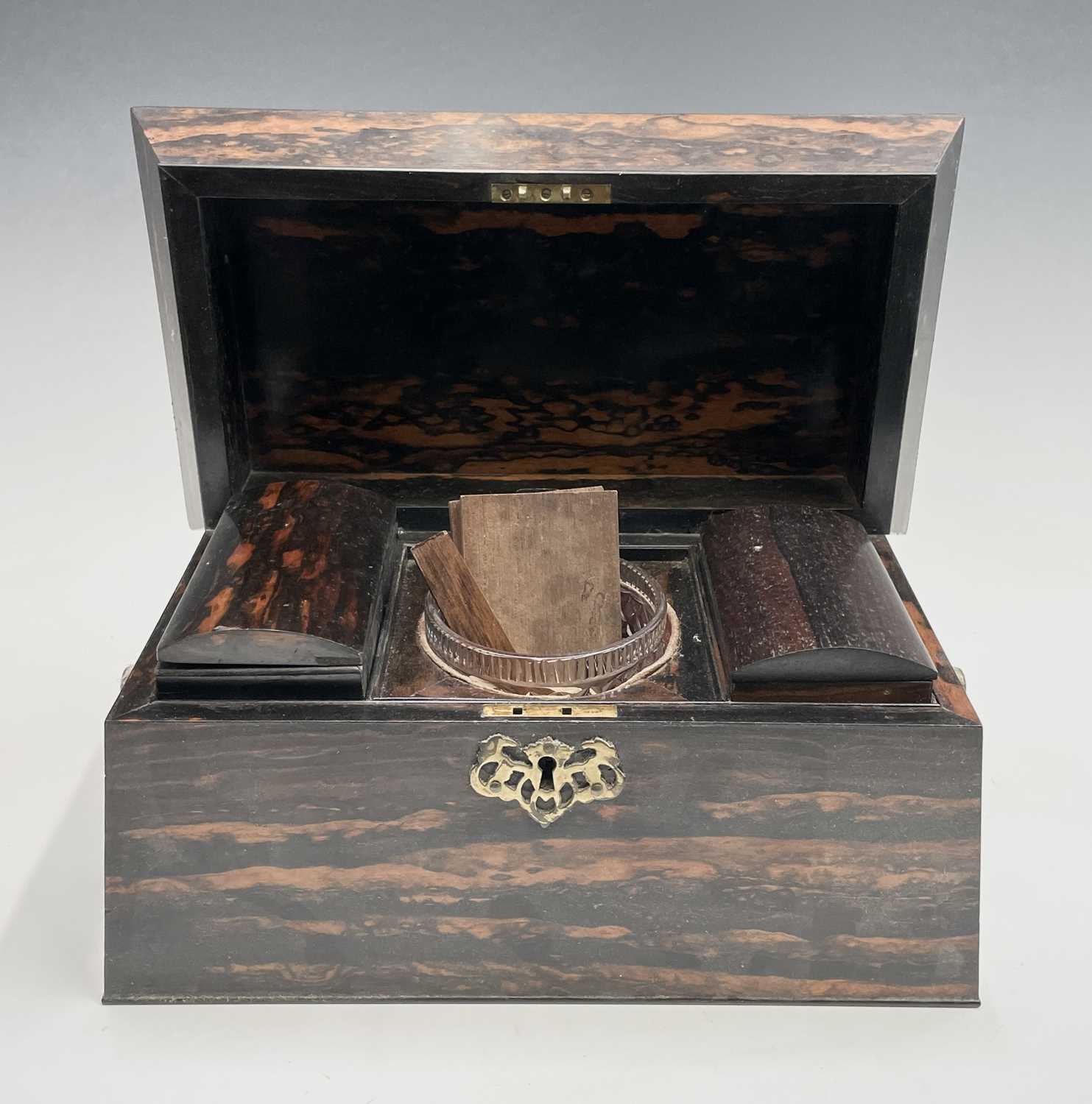 An early Victorian coromandel wood tea caddy, of sarcophagus shape, with glass mixing bowl and - Image 6 of 9