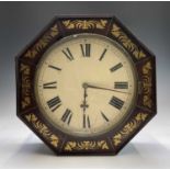 An early Victorian rosewood and brass inlaid octagonal wall clock, with fusee movement, width 42cm.