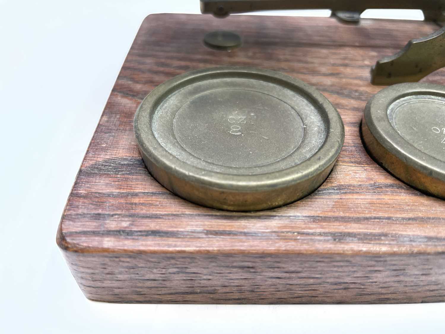 A set of late Victorian Sampson Mordan & Co brass and oak postal scales, the base set with nine - Image 4 of 10