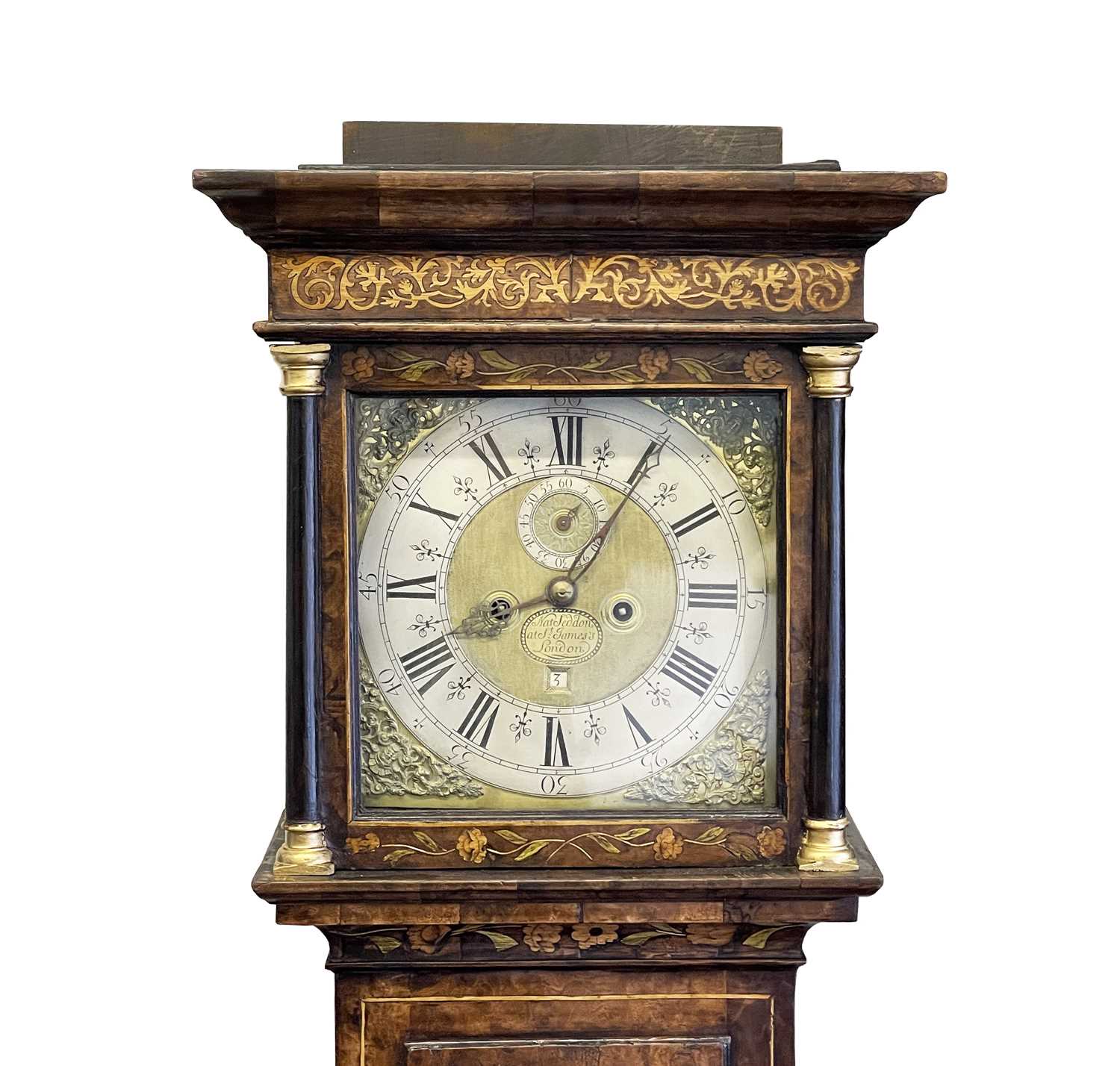 A walnut marquetry longcase clock, the early 18th century eight day movement signed 'Nat(haniel)