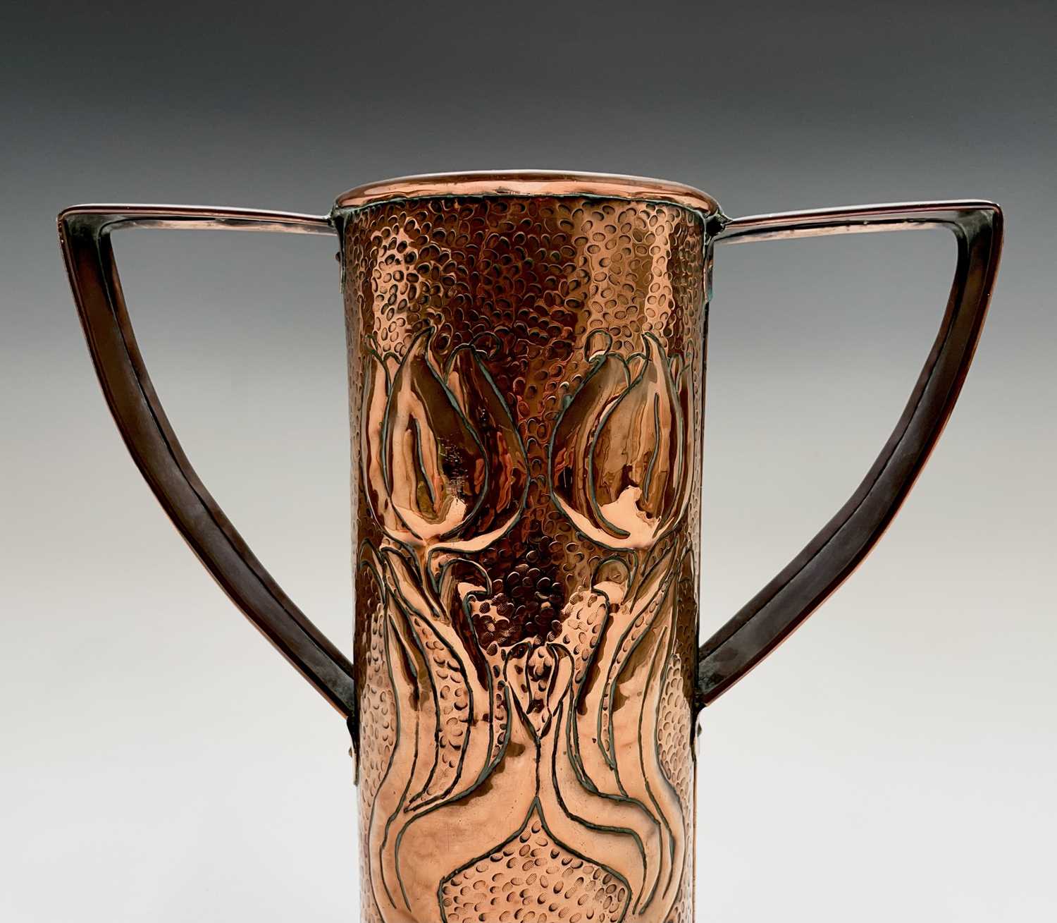 An Arts & Crafts period copper twin handled vase, the cylindrical body repousse decorated with - Image 7 of 10
