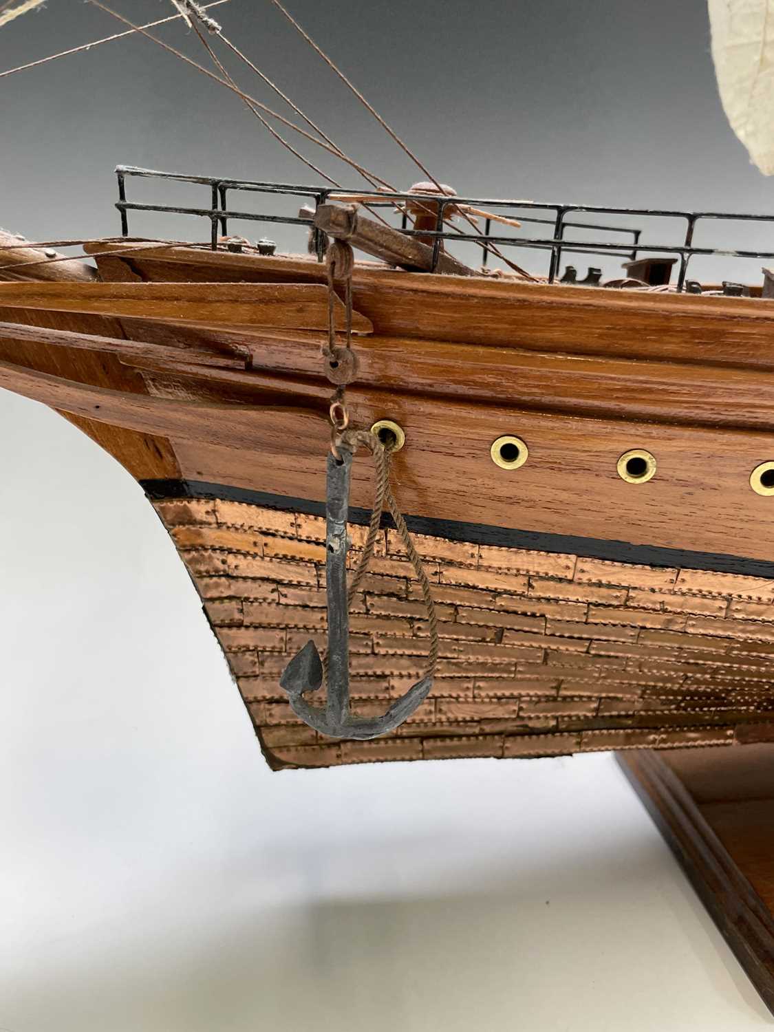 A wooden model of the clipper Cutty Sark, with copper clad hull, titled and mounted on a rectangular - Image 13 of 15