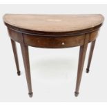 A George III mahogany D shape fold top card table. Height 73cm, width 91cm, depth 48cm. Provenance: