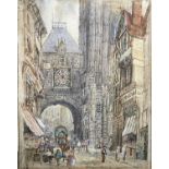 An early 20th century continental watercolour of an archway above a street scene, indistinctly