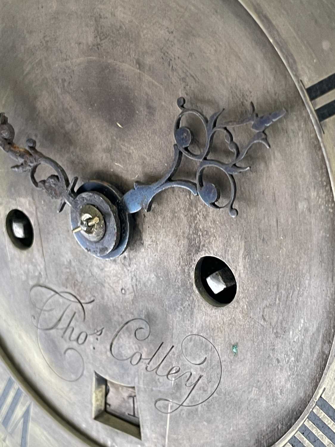 A mid 18th century ebonised bracket clock, the arched dial signed Thos Colley, with twin fusee - Image 5 of 14