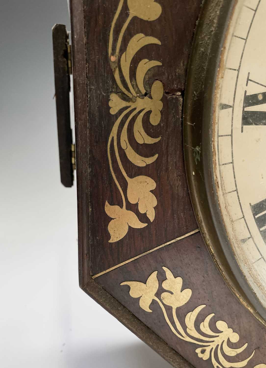 An early Victorian rosewood and brass inlaid octagonal wall clock, with fusee movement, width 42cm. - Image 3 of 5