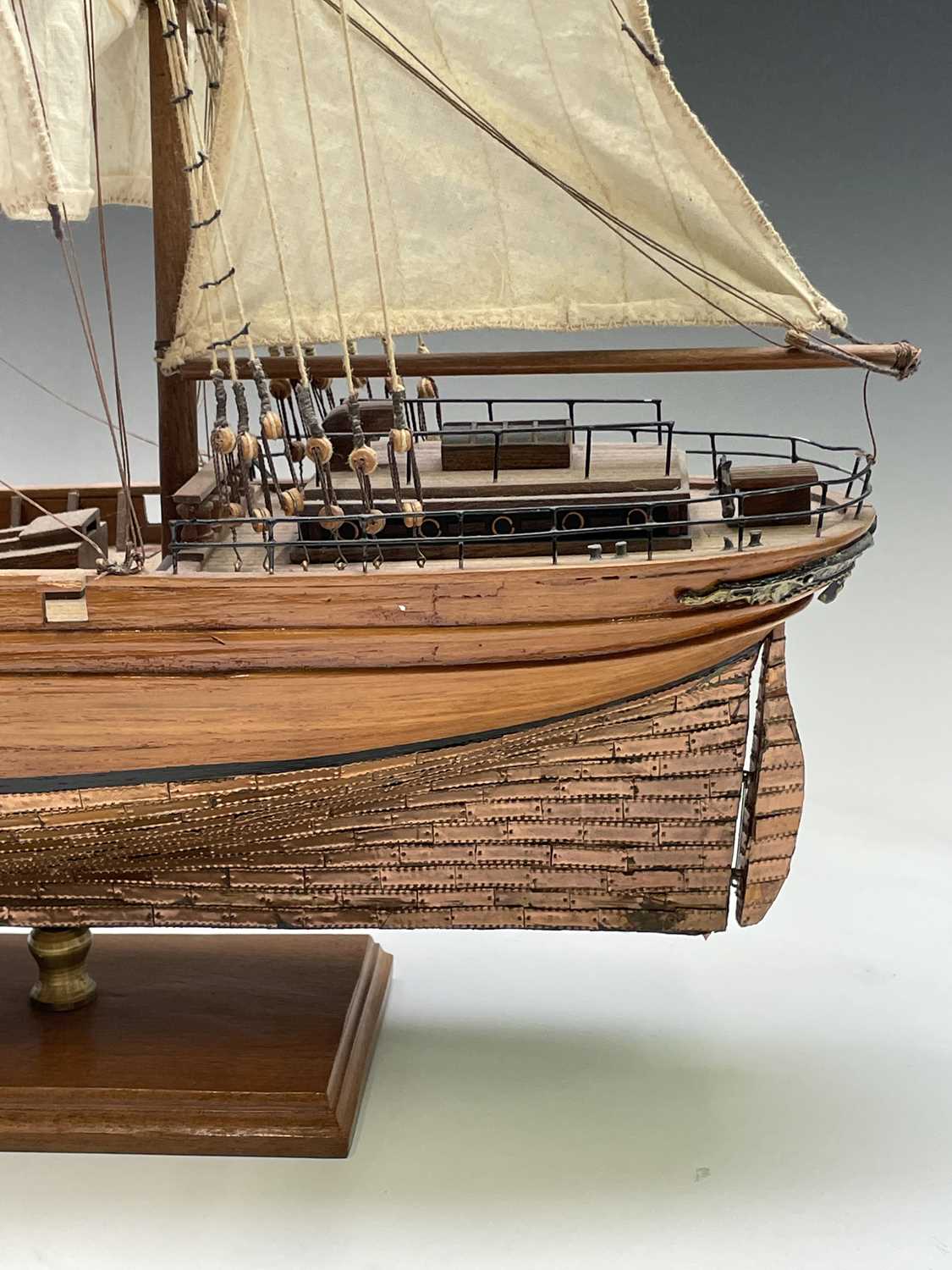 A wooden model of the clipper Cutty Sark, with copper clad hull, titled and mounted on a rectangular - Image 6 of 15