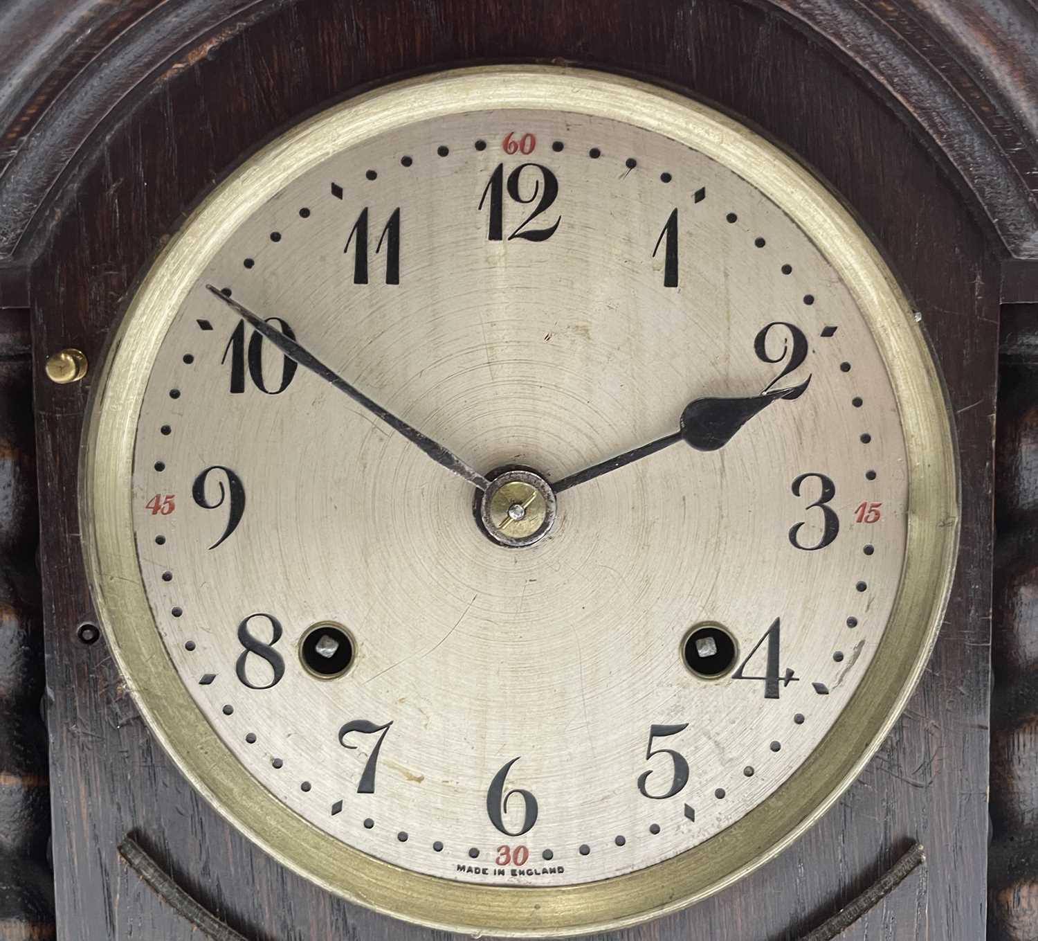 An oak cased mantel clock, with twist side supports, British Jerome movement, height 30cm. - Image 5 of 6