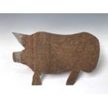 A sheet metal weather vane mount in the form of a pig. Height 33cm, length 52cm.