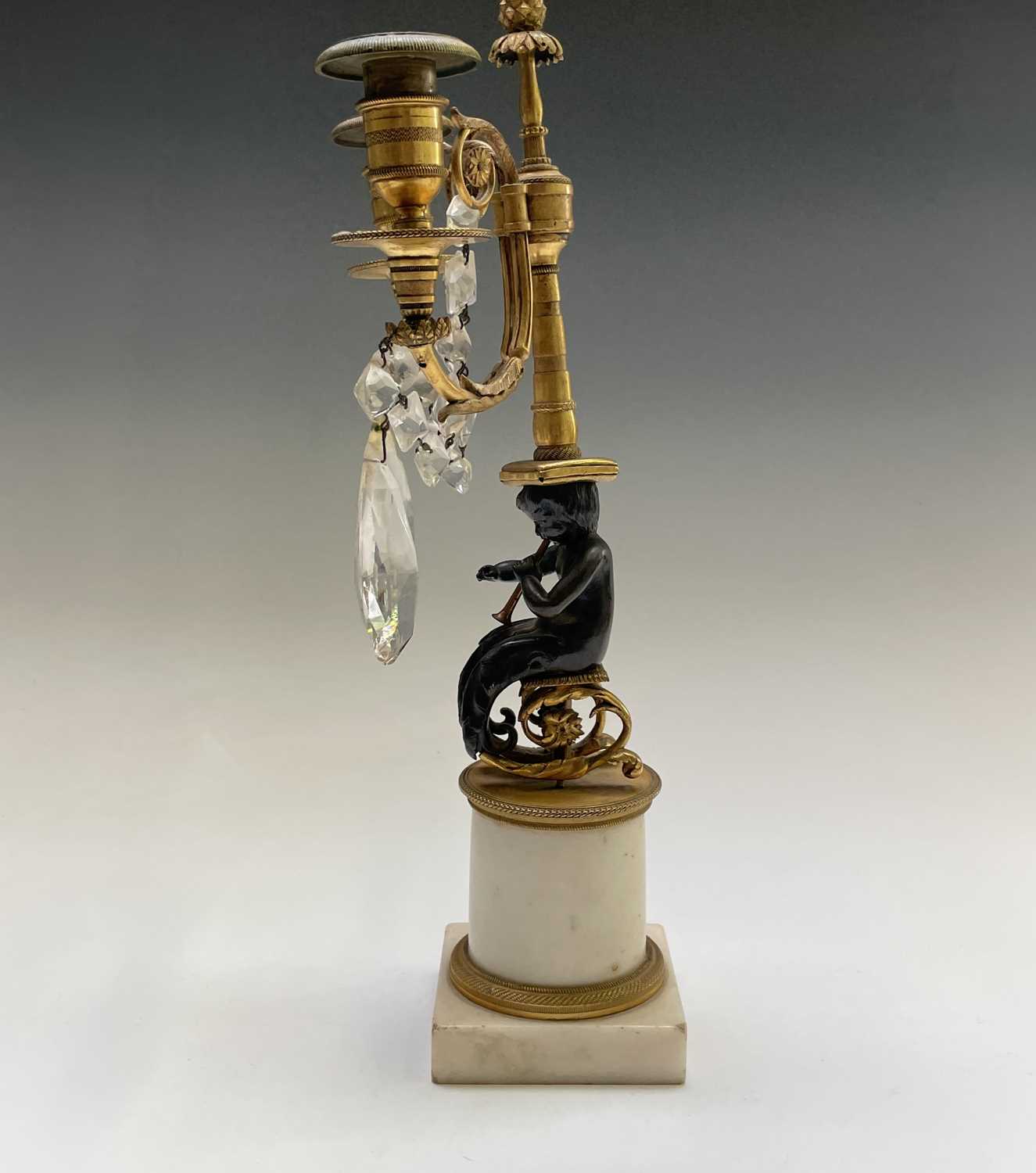 A pair of French bronze and gilt bronze candelabra, 19th century, each with a trumpeting satyr - Image 5 of 14