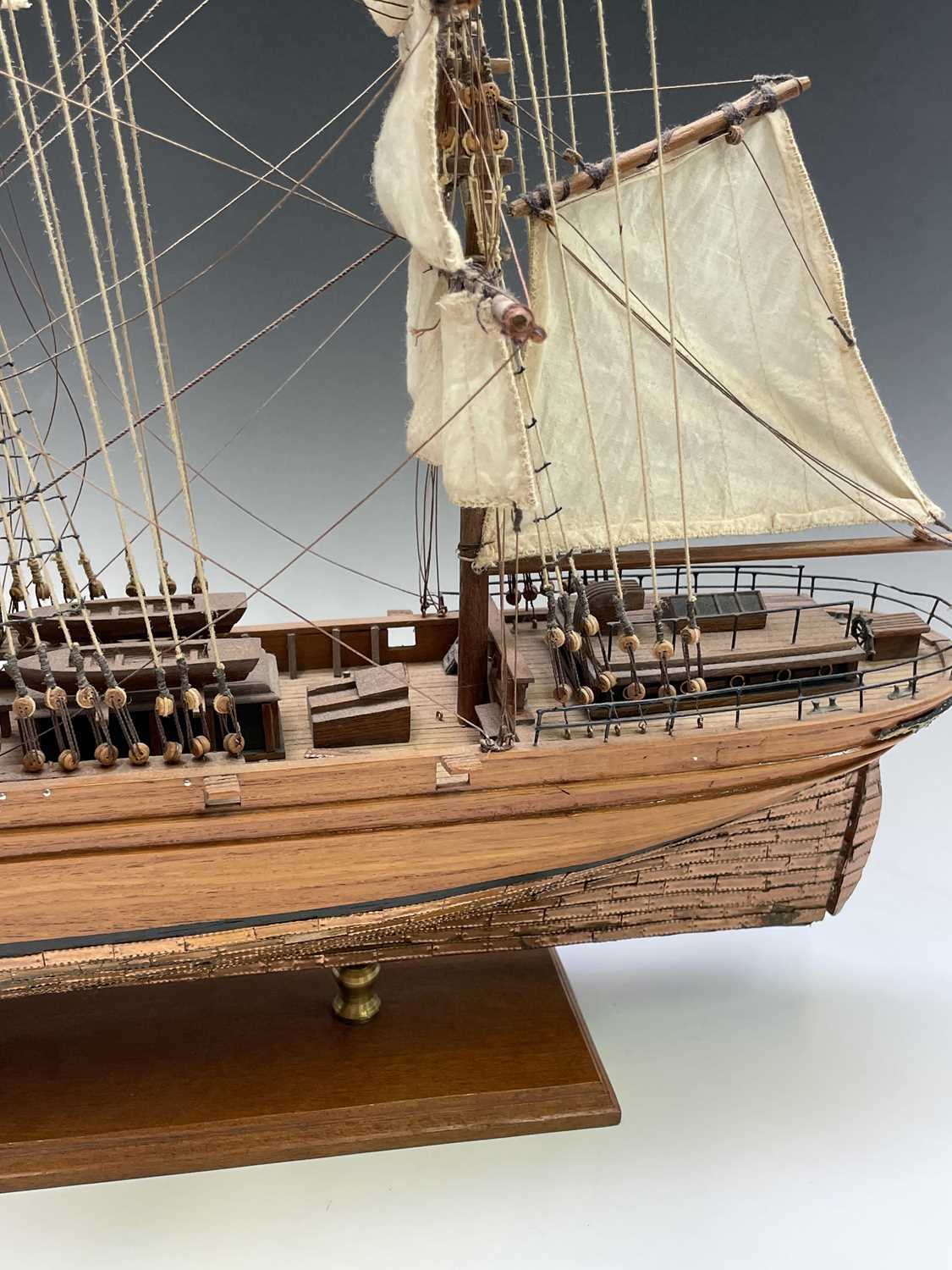 A wooden model of the clipper Cutty Sark, with copper clad hull, titled and mounted on a rectangular - Image 3 of 15