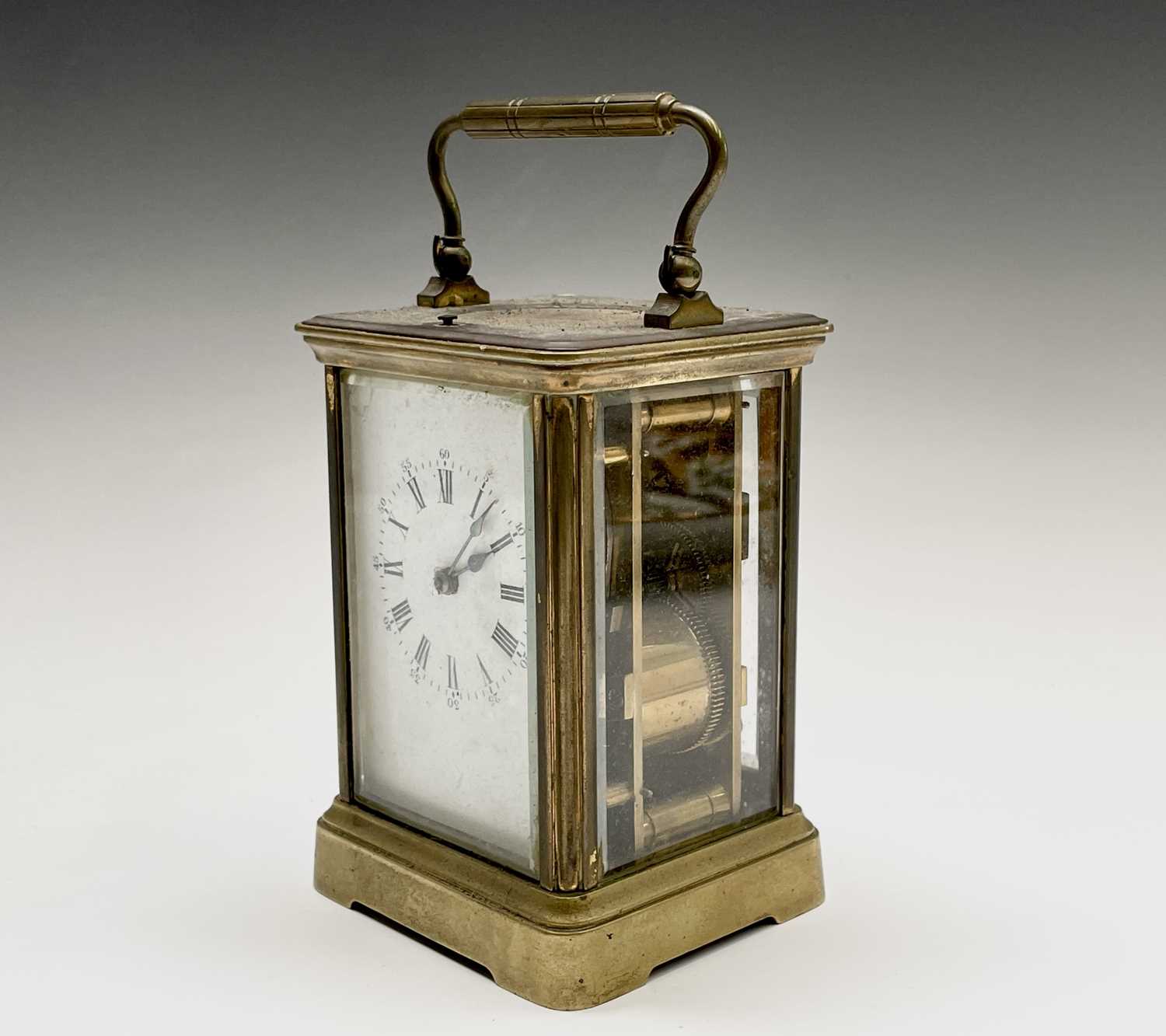 A French brass repeating carriage clock, circa 1900, with white enamel dial, striking on a coiled - Image 3 of 7