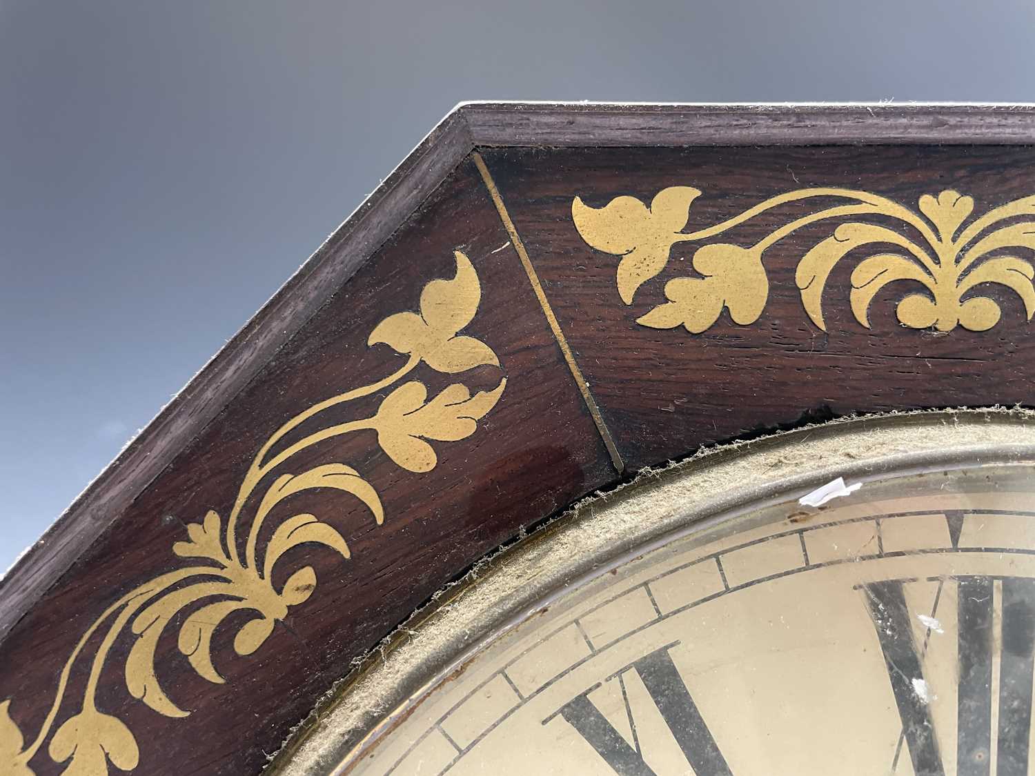 An early Victorian rosewood and brass inlaid octagonal wall clock, with fusee movement, width 42cm. - Image 4 of 5