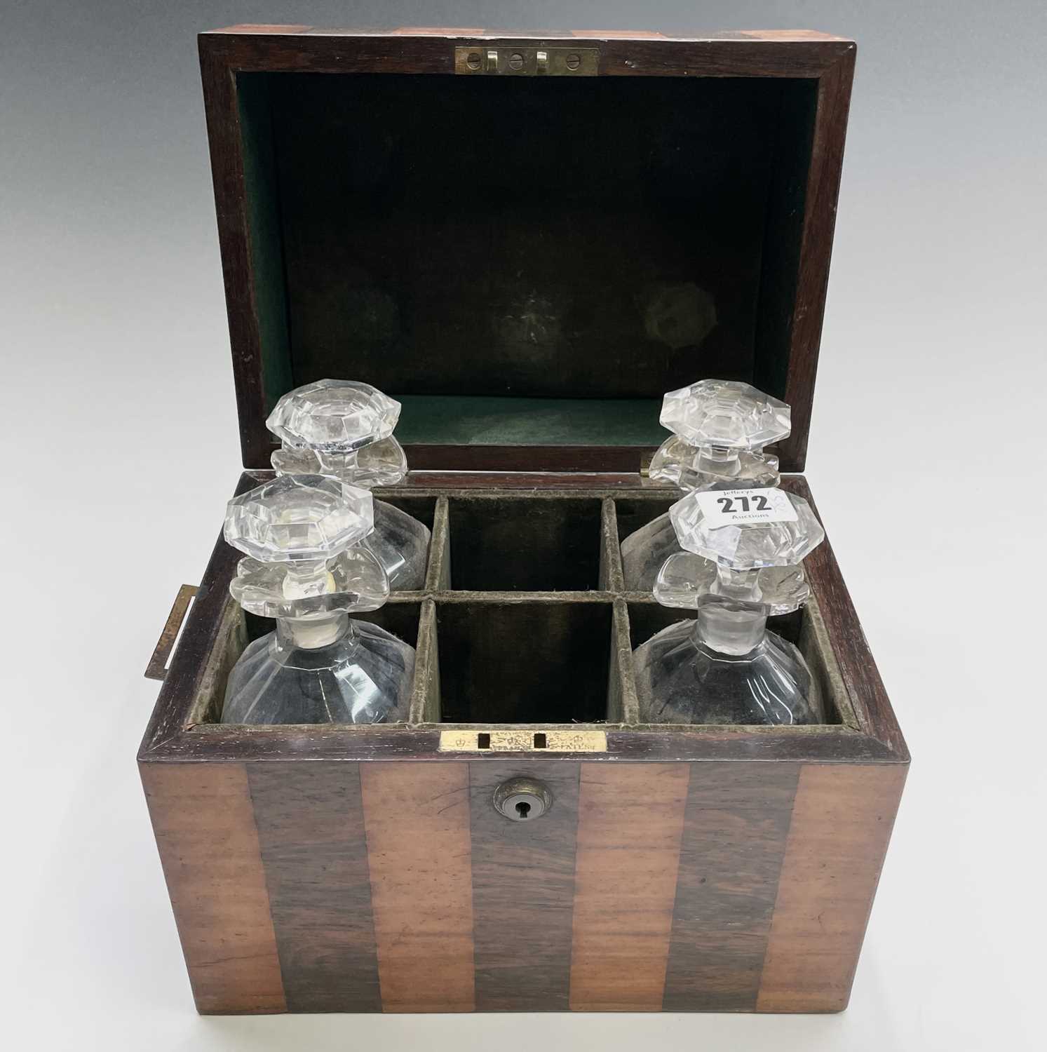A satinwood and rosewood banded decanter box, early 19th century, containing four (of six) decanters - Image 9 of 13