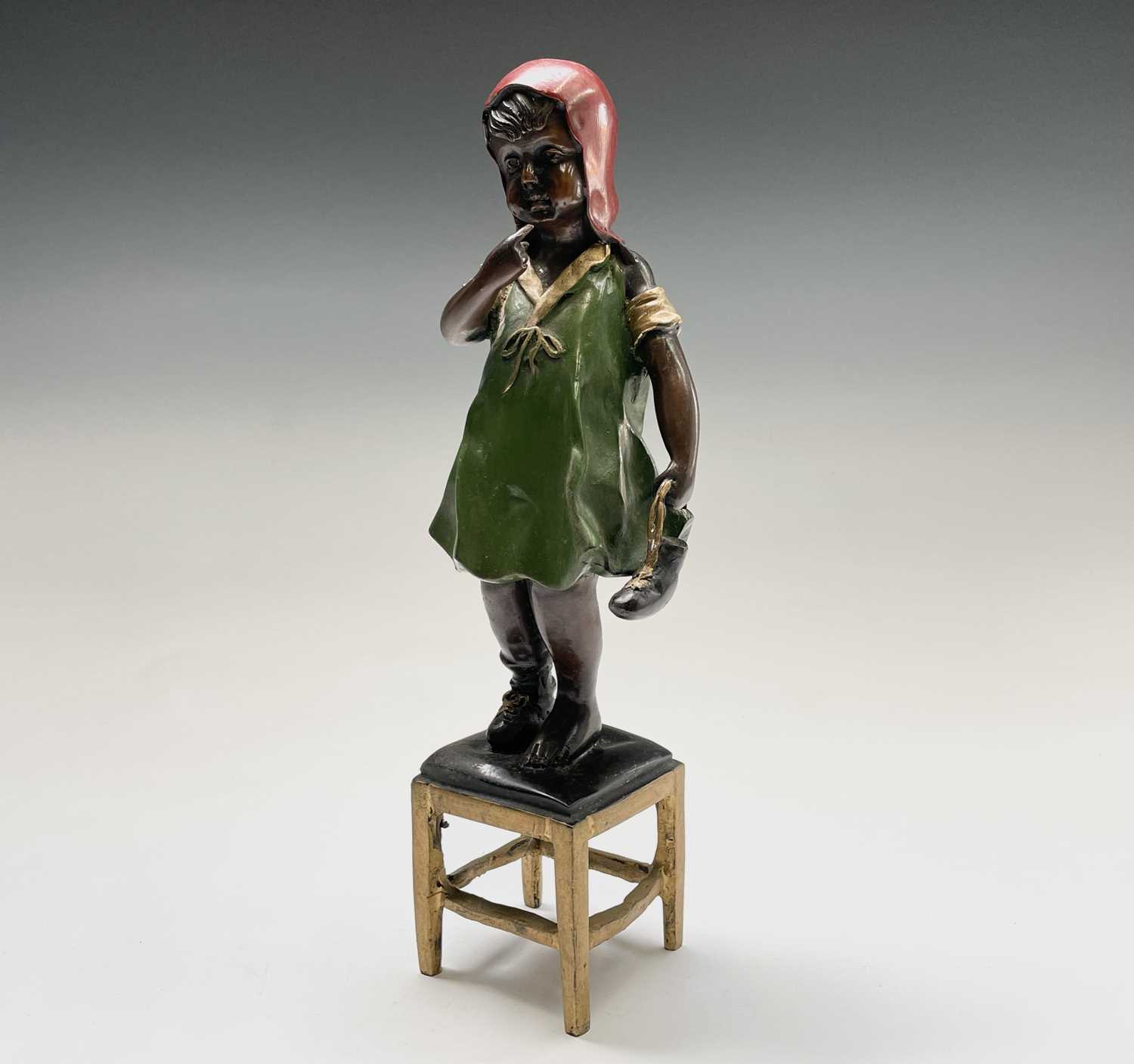 After Juan Clena, a painted bronze sculpture of a girl standing on a stool. Height 37cm. - Image 8 of 9