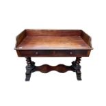 A Victorian mahogany washstand, with three-quarter gallery and fitted with two drawers, on barley