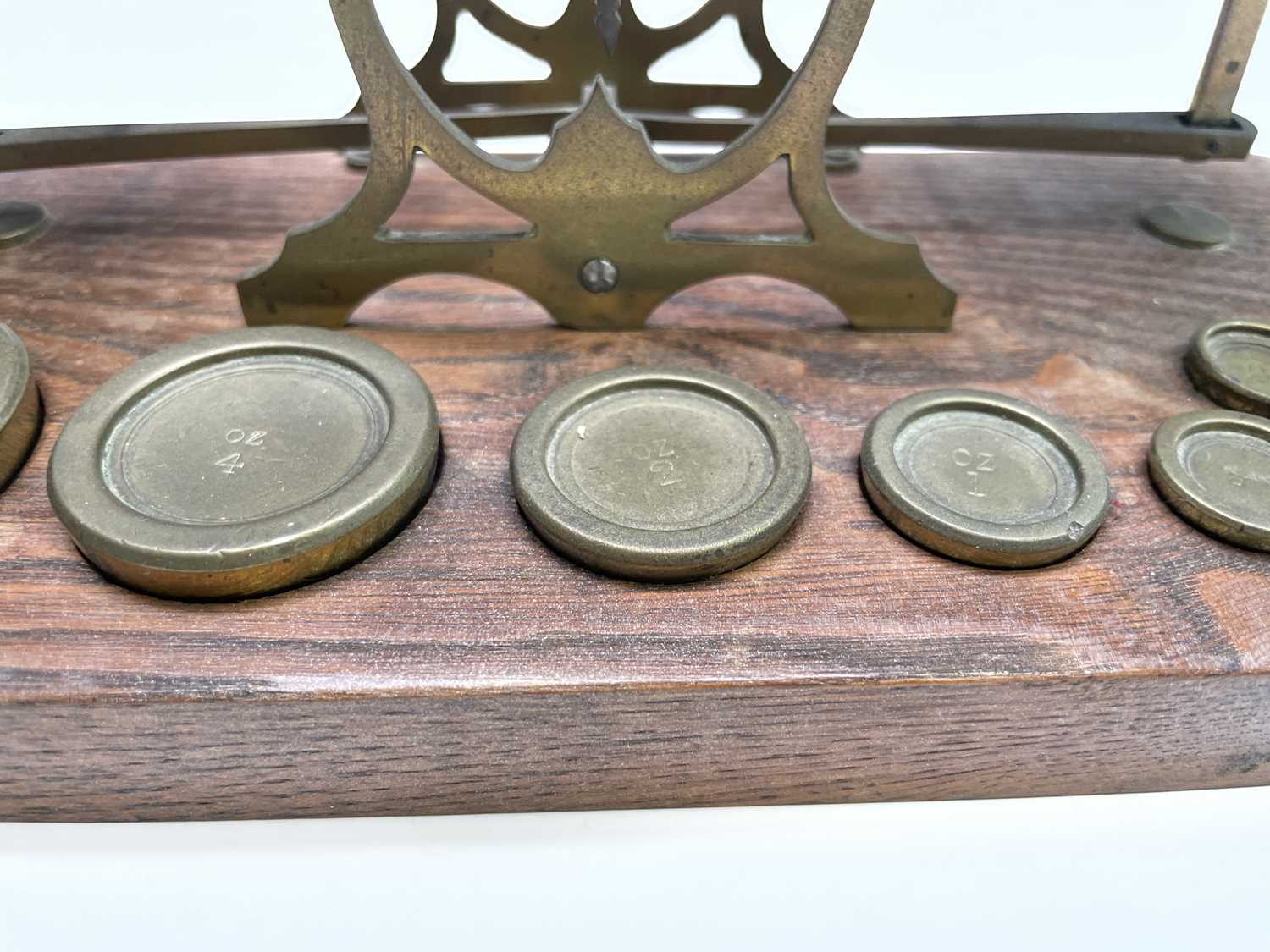 A set of late Victorian Sampson Mordan & Co brass and oak postal scales, the base set with nine - Image 7 of 10