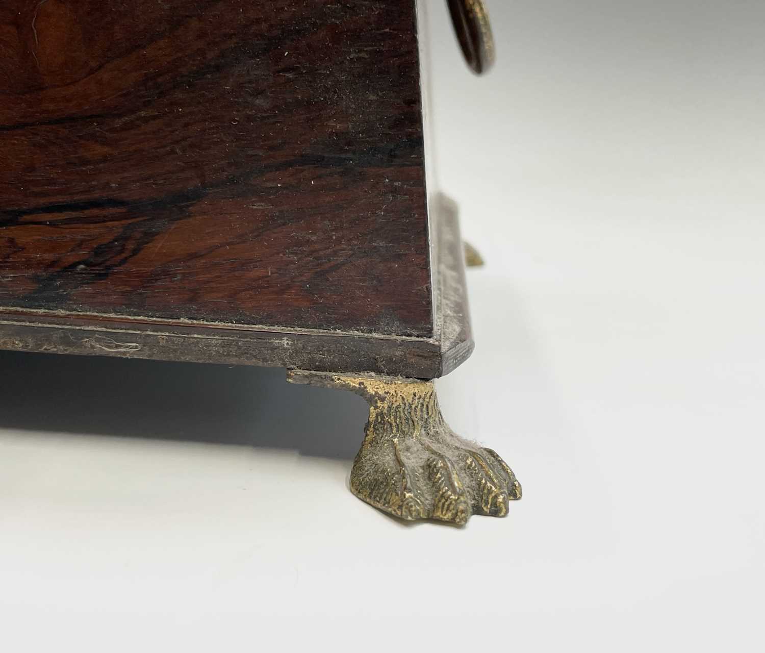 A Regency rosewood tea caddy, of sarcophagus shape, with a glass mixing bowl and two lidded - Image 5 of 9