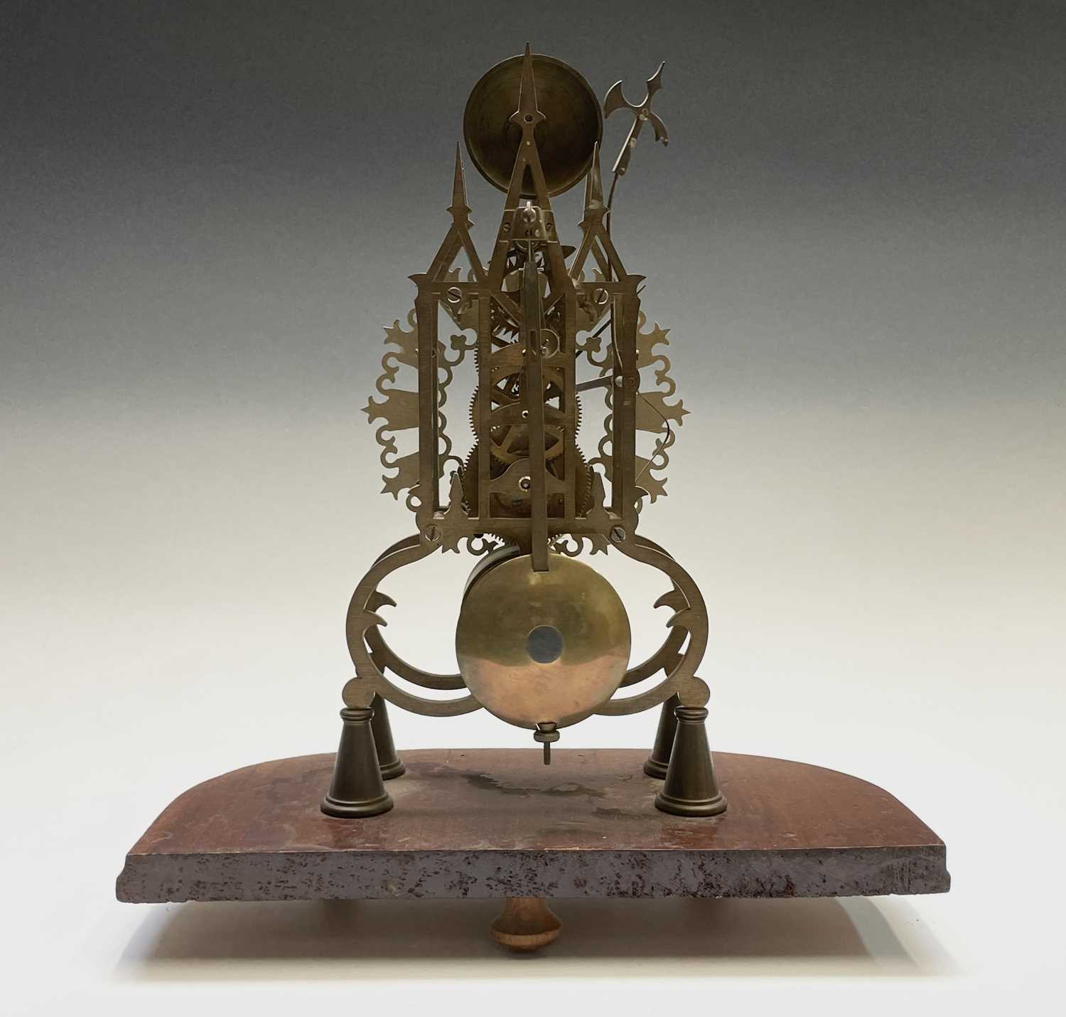 A brass cathedral skeleton clock, 20th century, with single fusee movement, striking on a bell, - Image 8 of 8