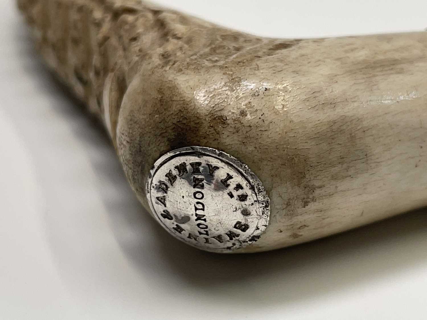 A Swaine hunting whip, with antler grip, hallmarked collar engraved with initials 'P.M.R', and - Image 9 of 10