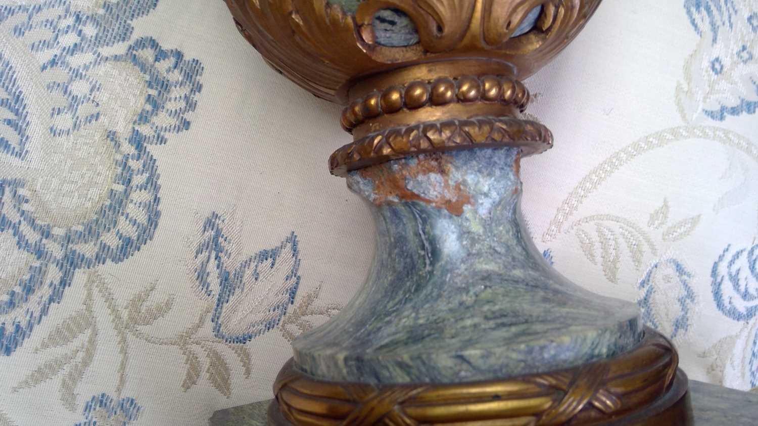 A pair of French Louis XVI style blue veined marble ormolu mounted table lamps, circa 1900, fitted - Image 5 of 12