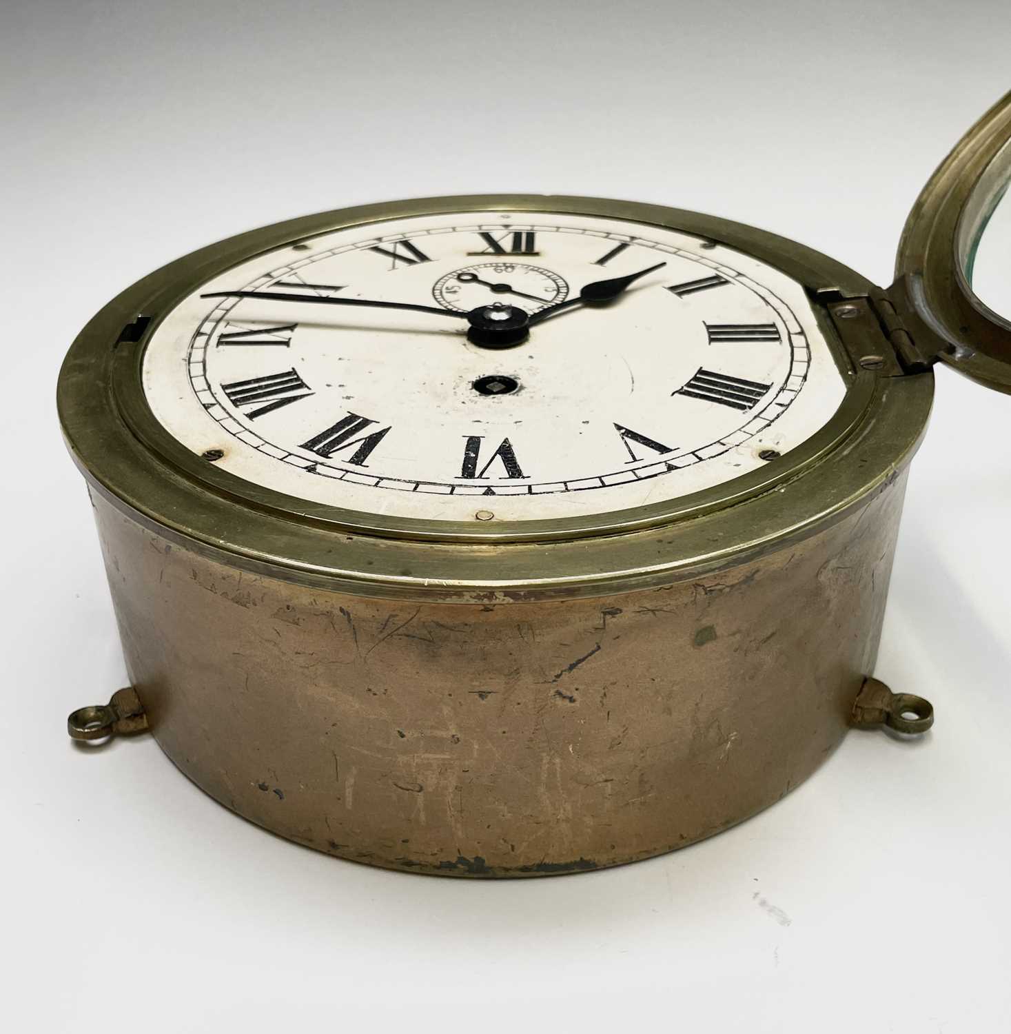 A brass cased ship's bulkhead wall clock, early 20th century, the painted dial with subsidiary - Image 2 of 5