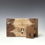 A large barn door lock, 15 x 25.5cm, and a metal door lock with key (2).