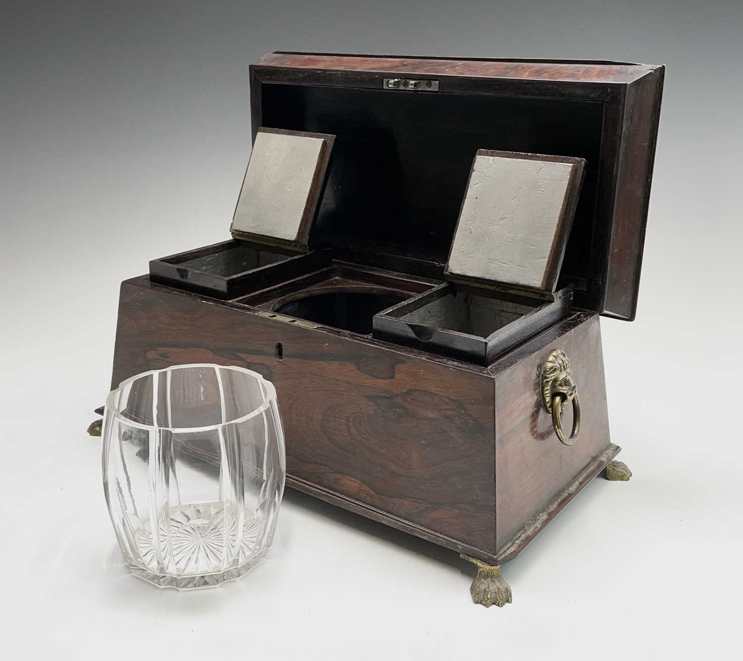 A Regency rosewood tea caddy, of sarcophagus shape, with a glass mixing bowl and two lidded - Image 4 of 9