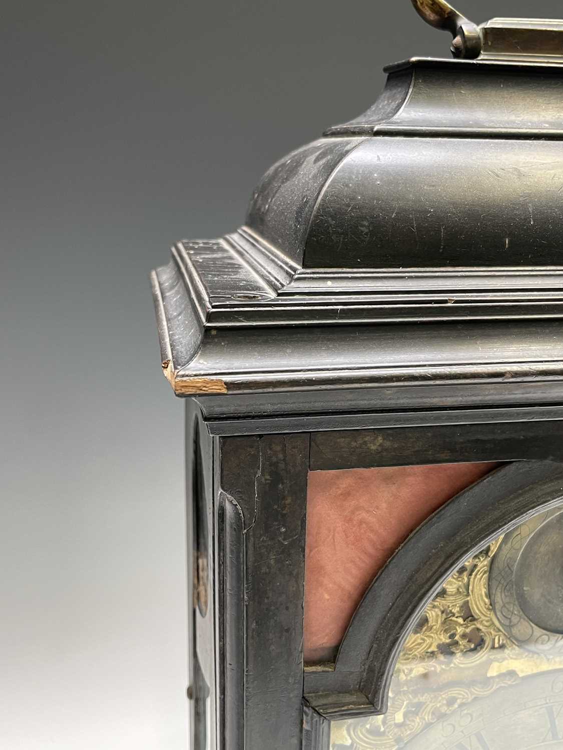 A mid 18th century ebonised bracket clock, the arched dial signed Thos Colley, with twin fusee - Image 12 of 14