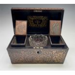 A Regency rosewood and cut brass inlaid tea caddy, the interior with two lidded containers, labelled