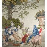A Victorian Berlin woolwork embroidery, with a family group and a dog on the terrace of a large