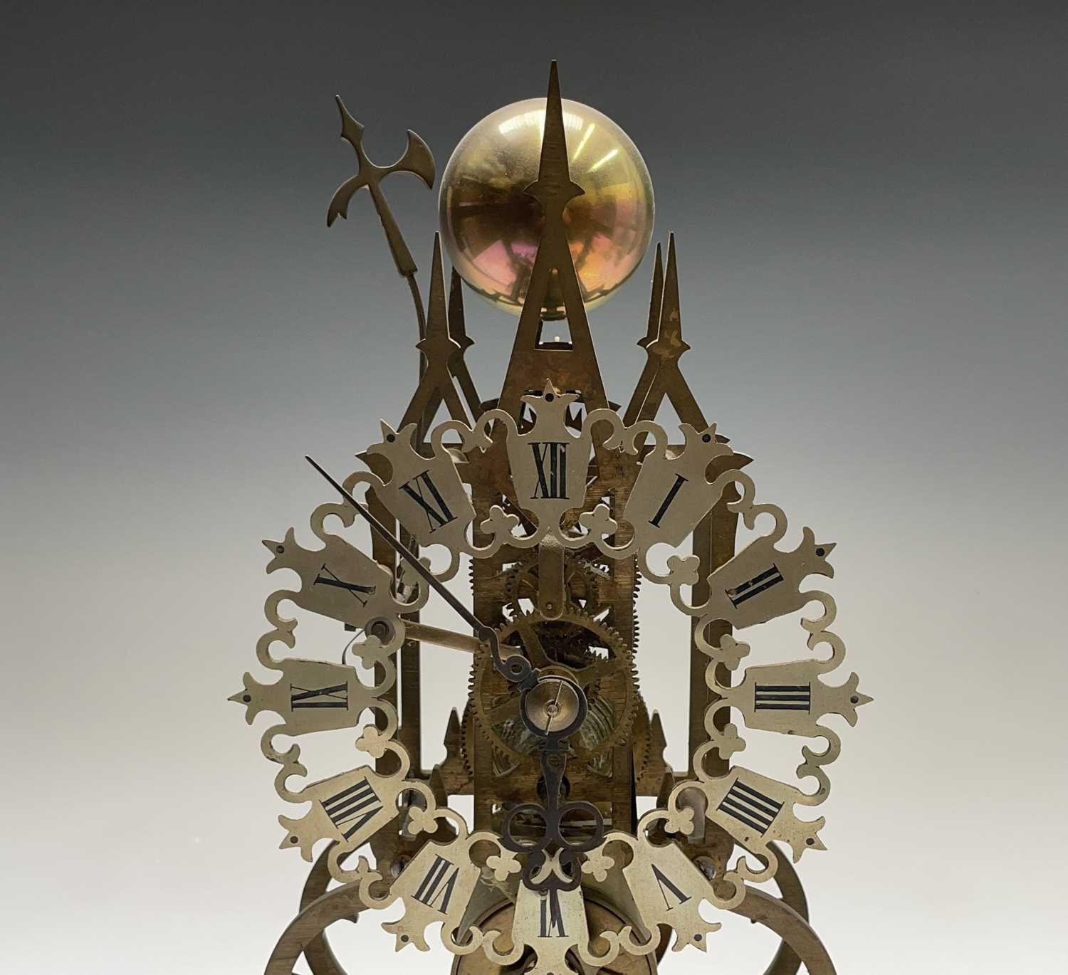 A brass cathedral skeleton clock, 20th century, with single fusee movement, striking on a bell, - Image 4 of 8