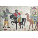 20th Century Middle Eastern SchoolFigural scene with warriors and lady riding camel Painted fabric