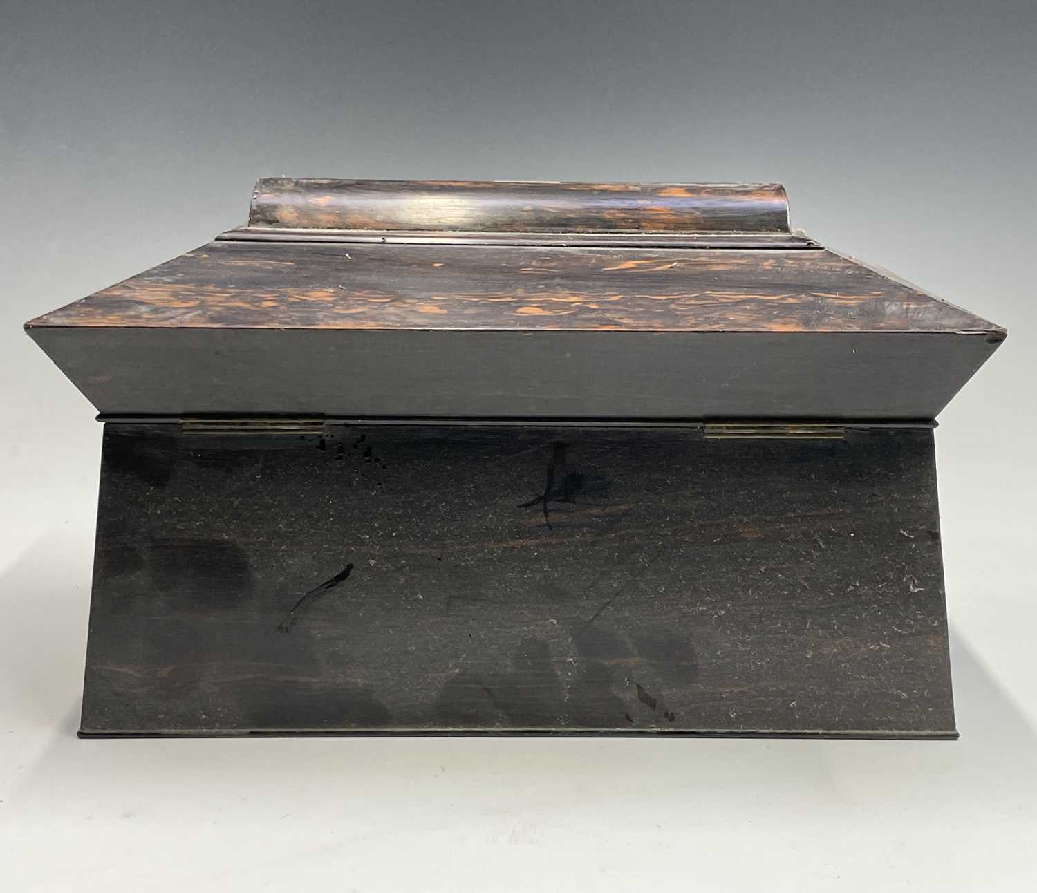 An early Victorian coromandel wood tea caddy, of sarcophagus shape, with glass mixing bowl and - Image 9 of 9