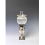 An Edwardian silver plated urn shaped table oil lamp, with Hink's patent burner and with an etched