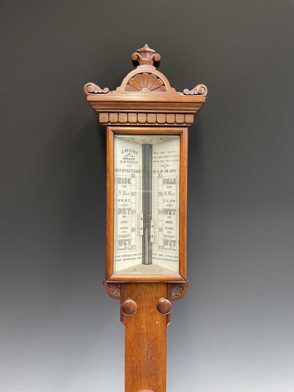 A Victorian walnut stick barometer, by J Hicks, London, with ivory scales, twin vernier indicators - Image 6 of 25