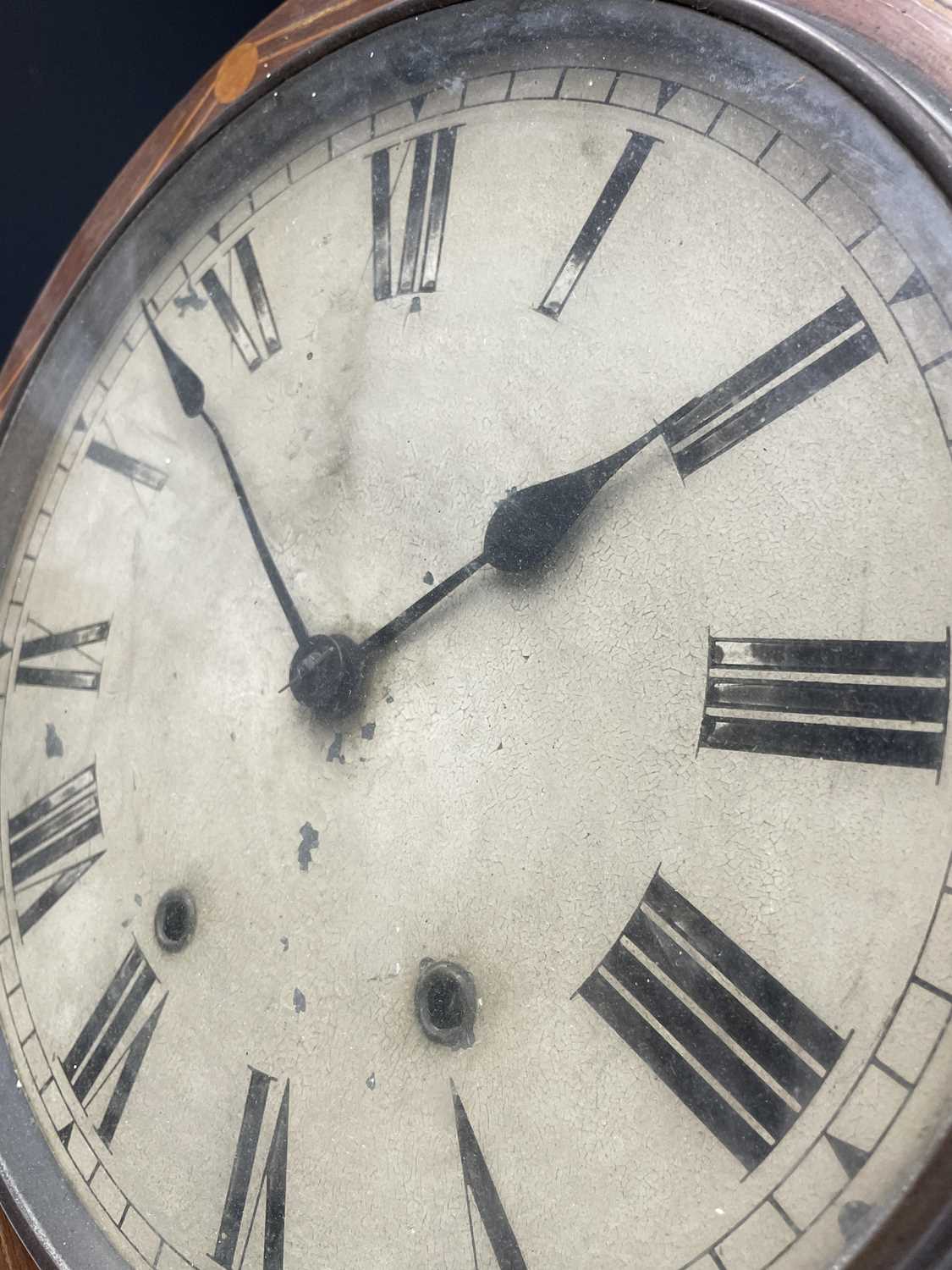 A Victorian walnut and inlaid drop-dial eight-day wallclock, with white painted dial, height 70cm. - Image 7 of 9