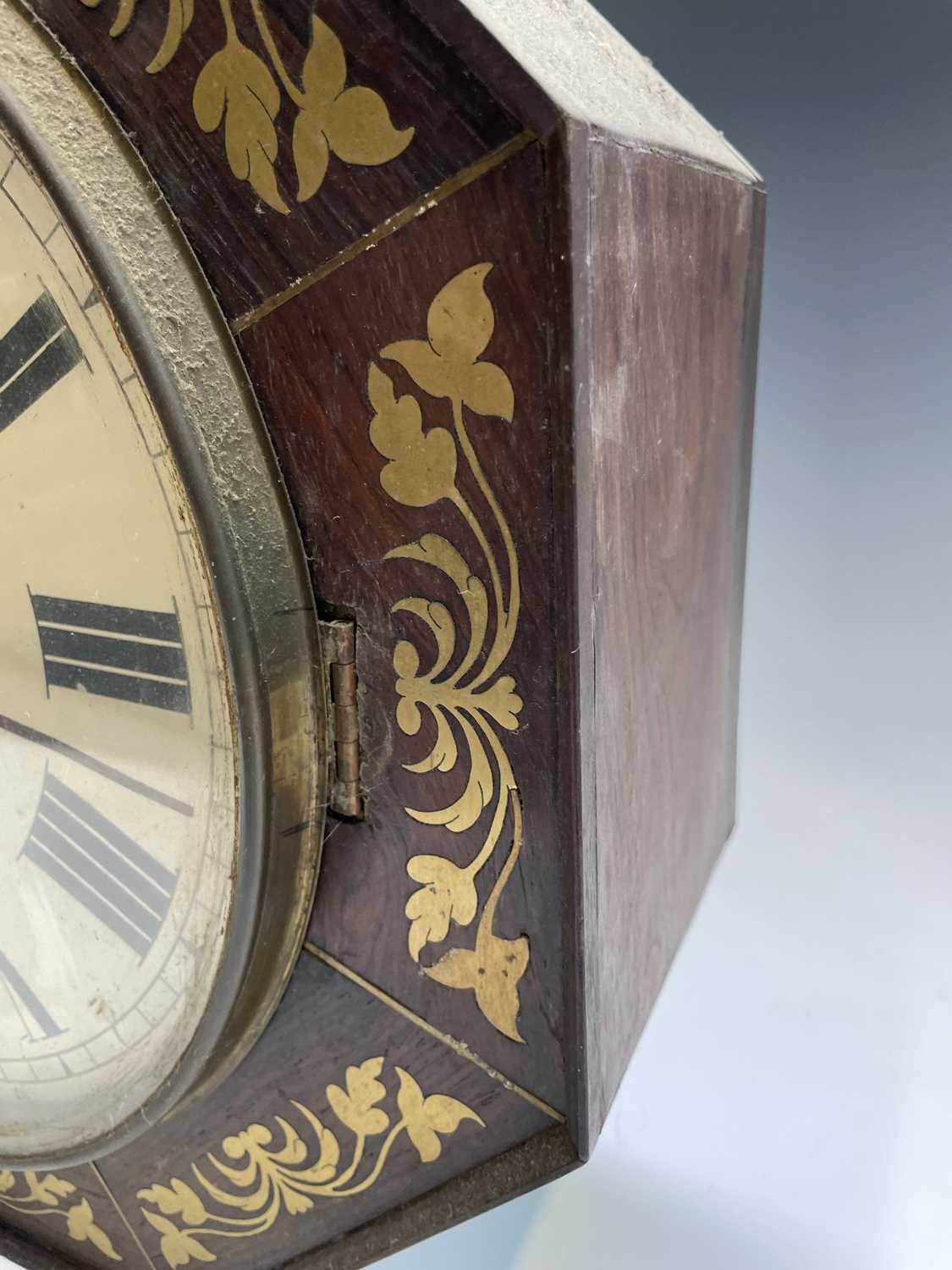 An early Victorian rosewood and brass inlaid octagonal wall clock, with fusee movement, width 42cm. - Image 2 of 5