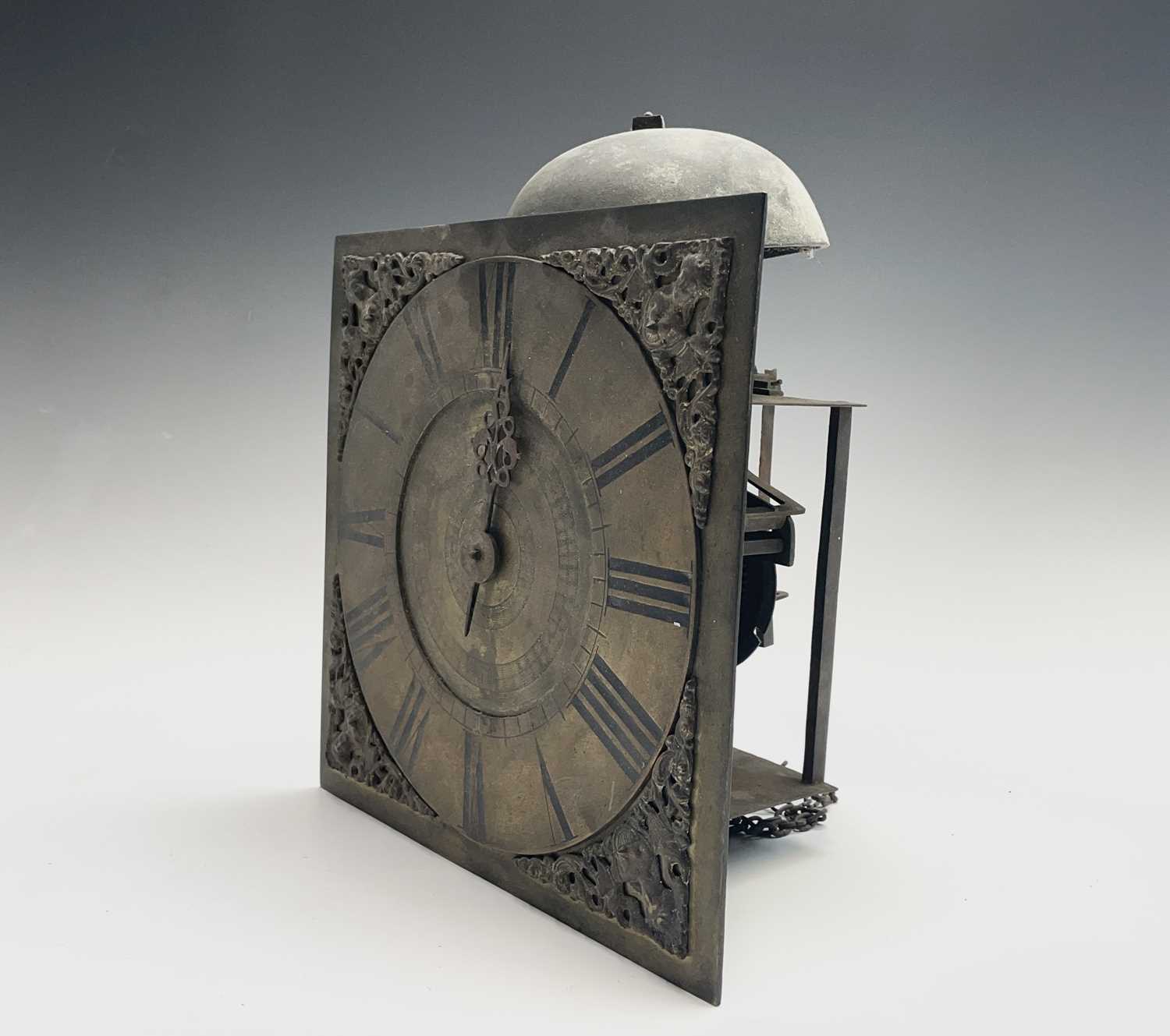 An early 18th century brass thirty-hour wall clock movement, the 9" (23cm) square dial unsigned - Image 9 of 9