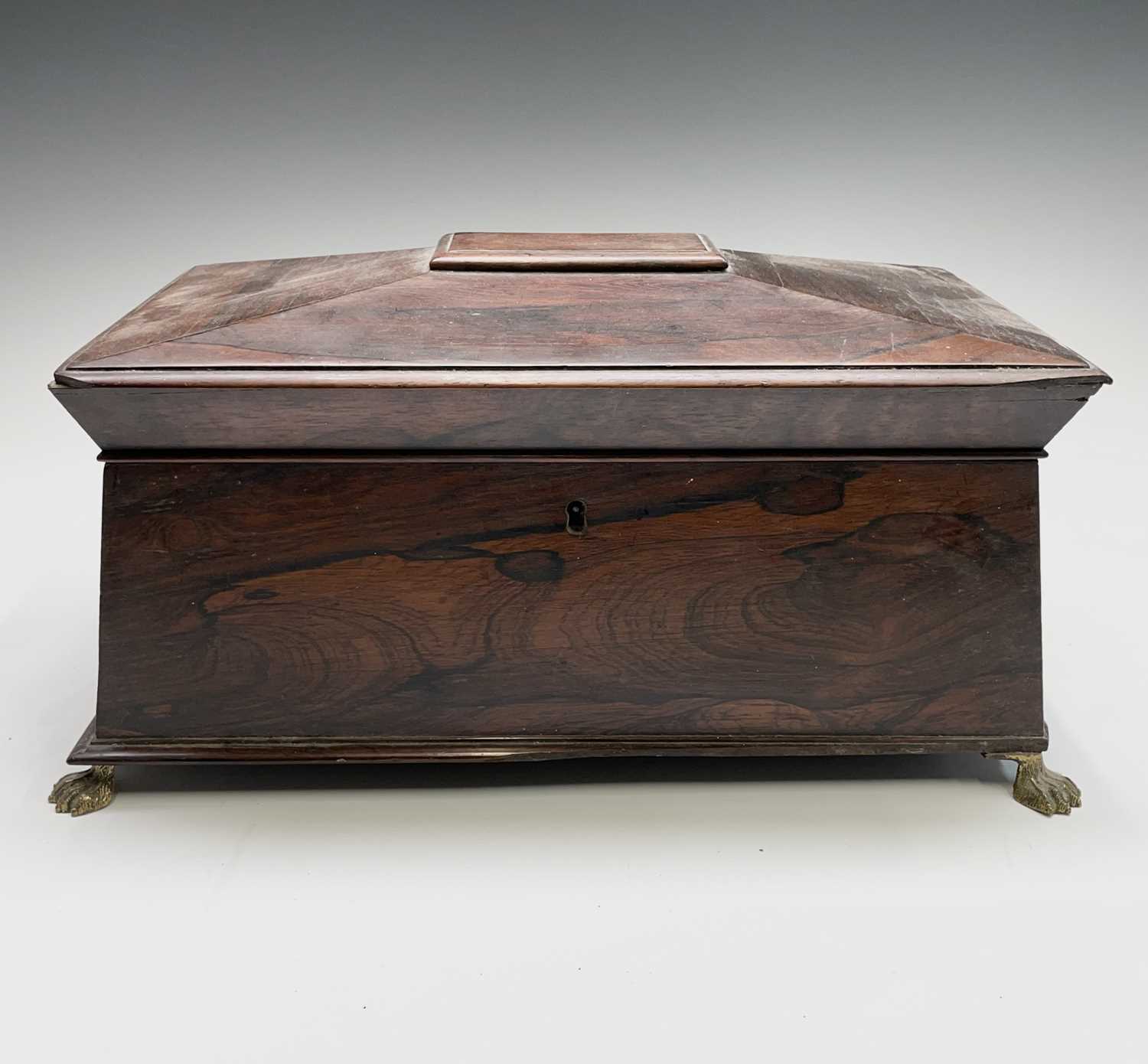 A Regency rosewood tea caddy, of sarcophagus shape, with a glass mixing bowl and two lidded - Image 7 of 9