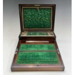 A Victorian walnut and inlaid combined sewing and writing box. Width 30.5cm.