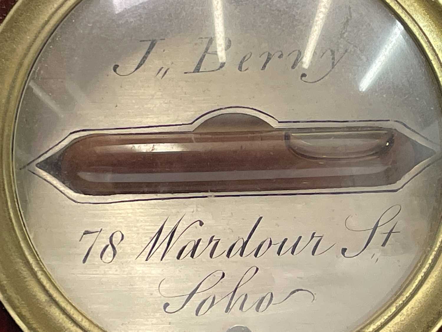 A George III mahogany and boxwood strung wheel barometer by J Berry of 78 Wardour Street Soho. - Image 7 of 12