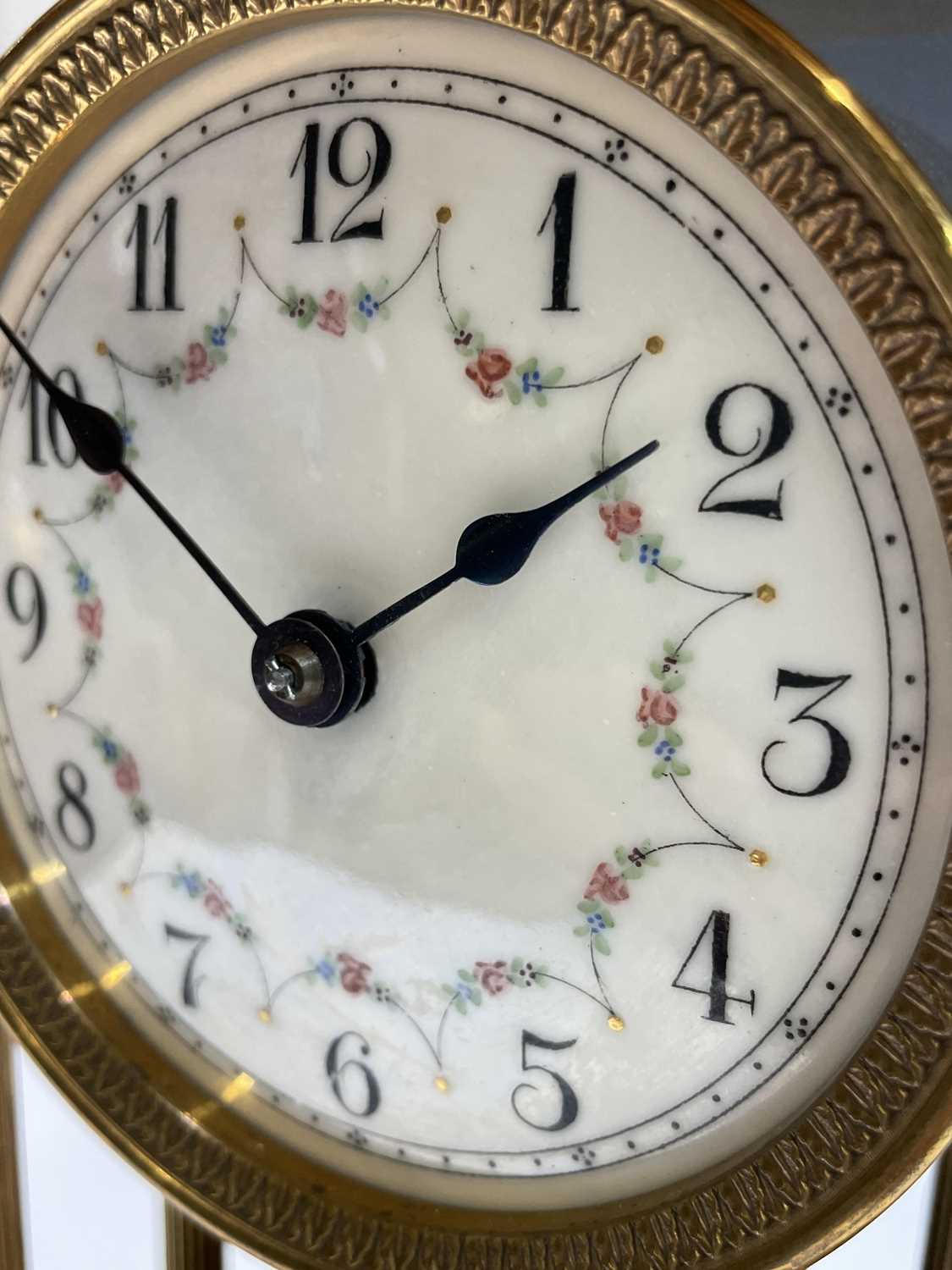 A 400 day brass torsion mantel clock, of portico type, with domed top, floral garland decorated dial - Image 3 of 15