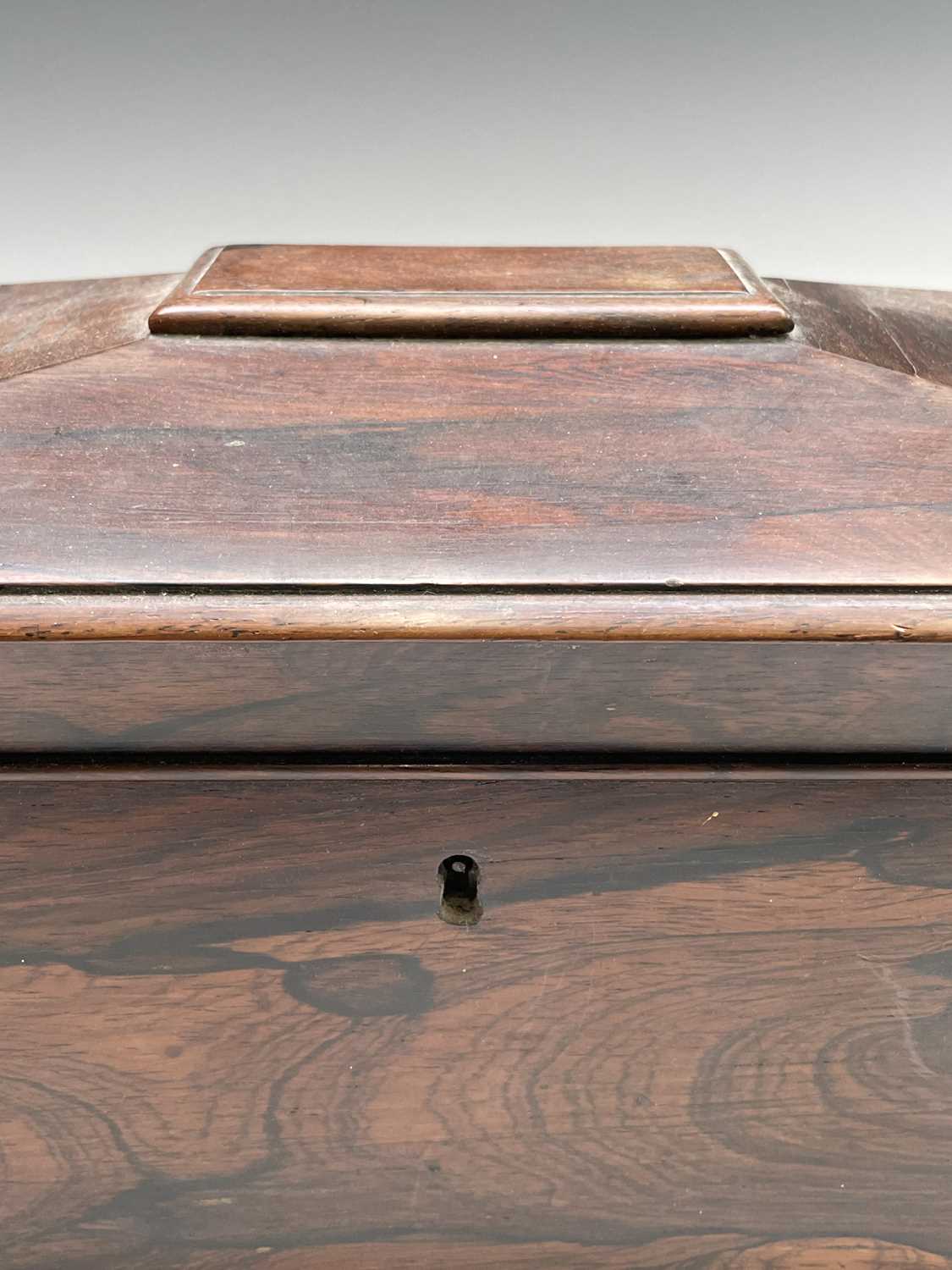 A Regency rosewood tea caddy, of sarcophagus shape, with a glass mixing bowl and two lidded - Image 6 of 9