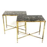 A pair of 1960s Maison Jansen style marble topped brass occasional tables. Height 54cm, width