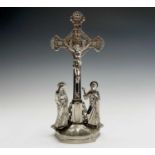 An Art Deco period chromium plated altar crucifix, cast with the figures of Christ, the Virgin Mary,