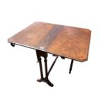 A Victorian burr walnut Sutherland table, raised on ring turned legs and stretcher. Height 66cm,