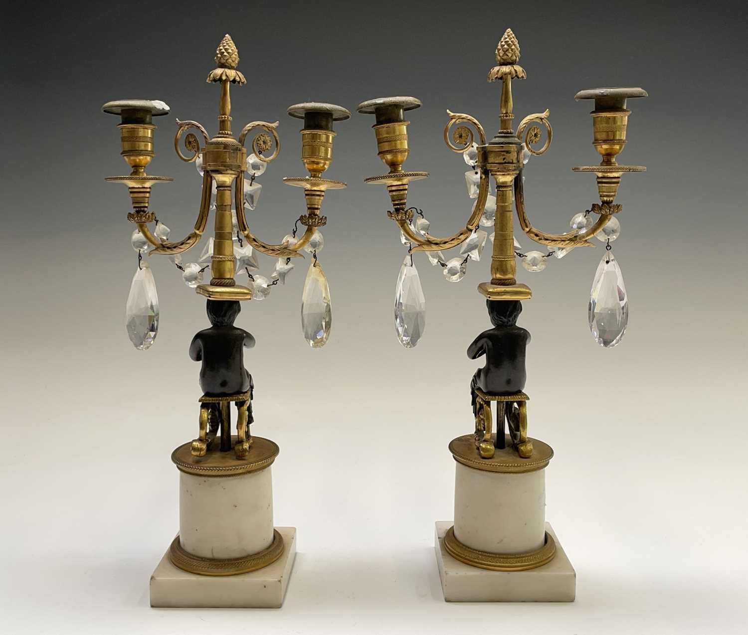 A pair of French bronze and gilt bronze candelabra, 19th century, each with a trumpeting satyr - Image 7 of 14