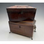 A George III mahogany, inlaid and chequer strung tea caddy, with fitted interior and brass lion mask